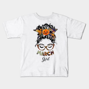 March Girl Halloween Face Wink Eyes Pumpkin Kids T-Shirt